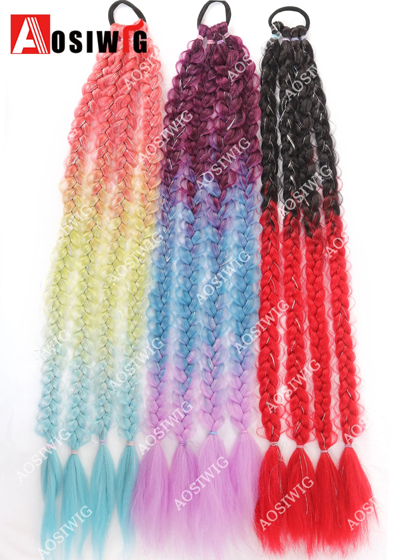2PC Ombre Colorful Braided Ponytail With Tinsel Synthetic Hair Extensions Elastic Rubber Band Braid Wig For Women Festival Hallo