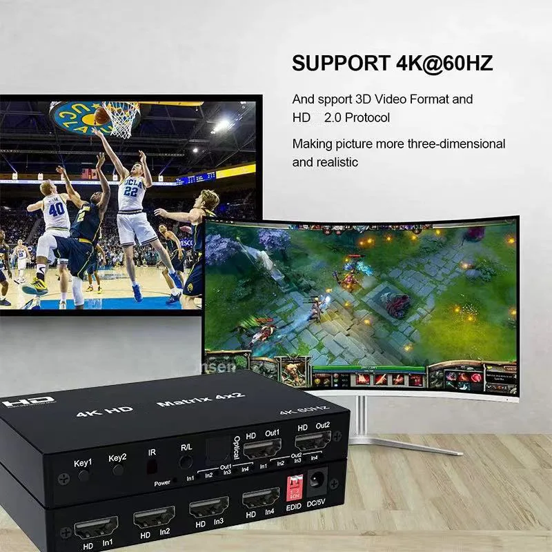 4K Switch 2x4 HDMI-compatible Video 4X2 Matrix Switch Splitter 2 In 4 out with Optical & R/L Audio Extractor Dolby HDCP2.2