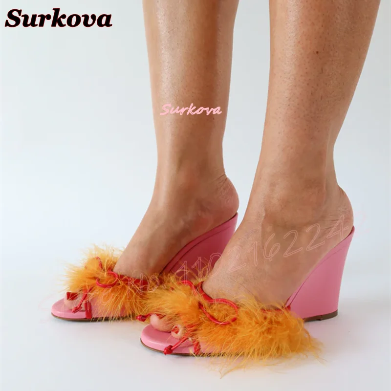

New Summer Orange Fur Shoes Round Toe Open Toe Wedge Heels Ladies Elegant Nightclub Outdoor Slippers Fashion Mules Gladiator 46