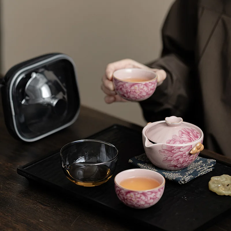

Ancient-style Ru Kiln National Color Heavenly Fragrance Travel Tea Set for Outdoor Camping Portable One Pot Two Cups Quick Cup