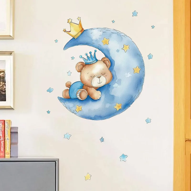 Moon Star Sleeping Bear Children's Room Sticker Living Room Bedroom Decoration Self-Adhesive Wall Sticker