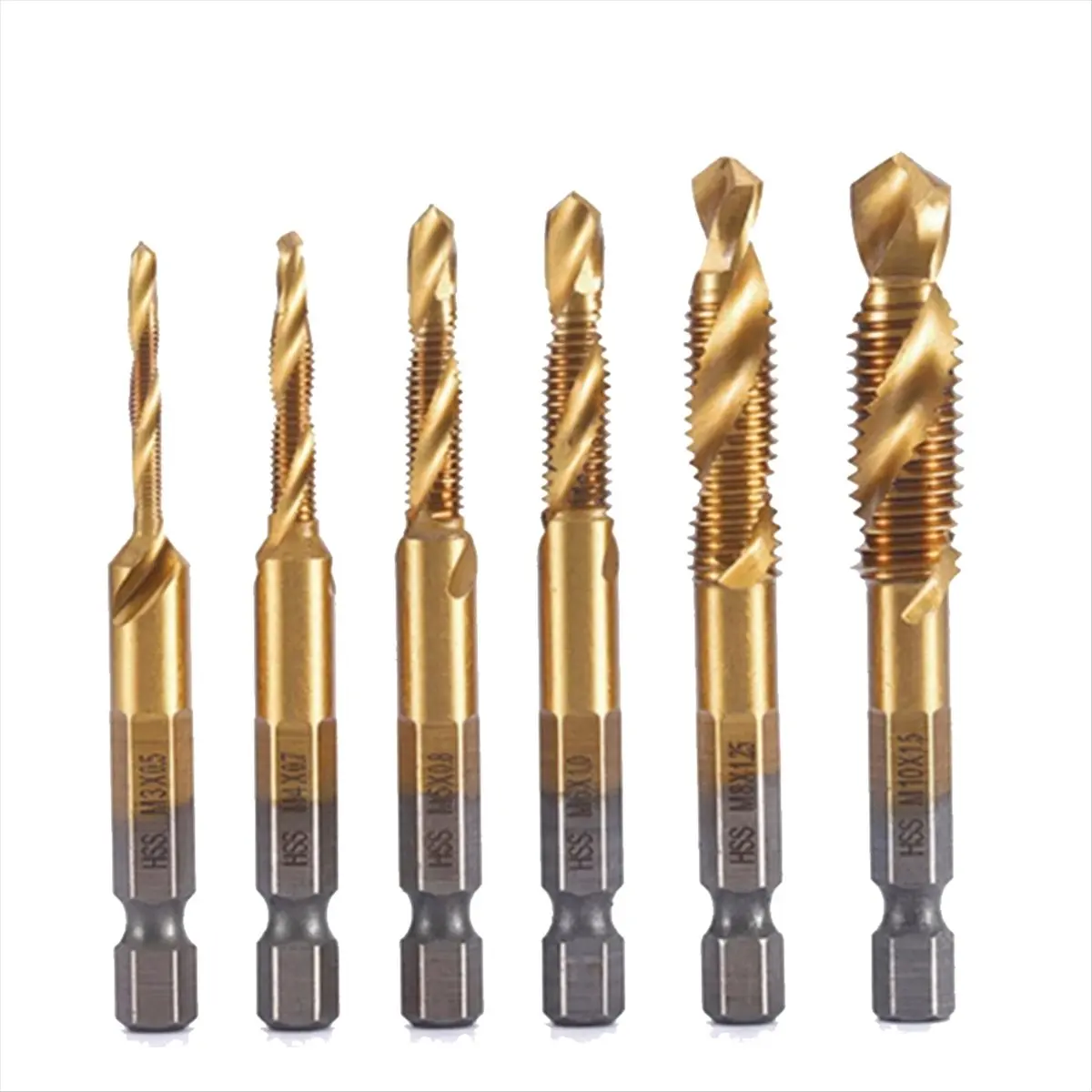6Pcs High-Speed Steel 4341 Titanium Plated Composite Tap Drill and Tap Integrated Machine Tap Open and Chamfer Tool Set M3-M10