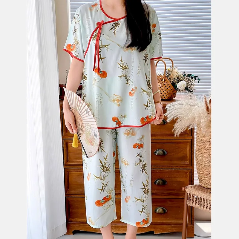 New Chinese Style Cotton Rayon Sleepwear Set Short Sleeved Pants Air Conditioning Suit Loose Home Clothes For Women Pajamas