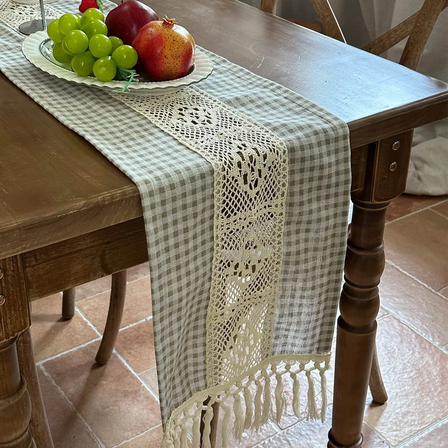 Farmhouse Vintage Gingham Table Runner with Crochet Lace Tassels Decor for Dining Table Coffee Table Kitchen Party Holiday Home