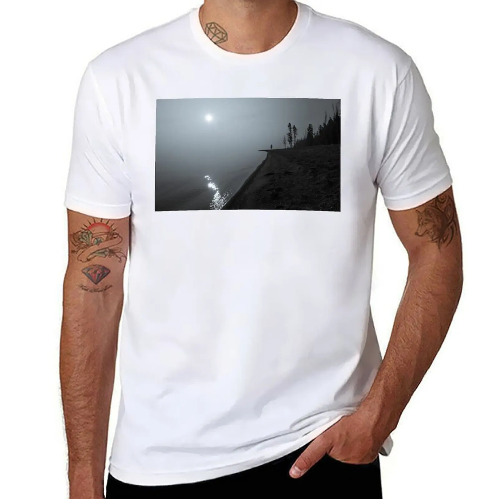 Lake Sunrise Morning the Hazy on T-Shirt Basic Plain Tee for Spring and Summer