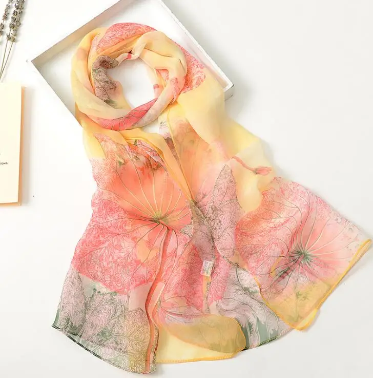 New Design Beautiful Georgette Silk Scarf Lotus Leaf Gradient Color Chiffon Bandana Summber Beach Sarong 50*160cm HY31