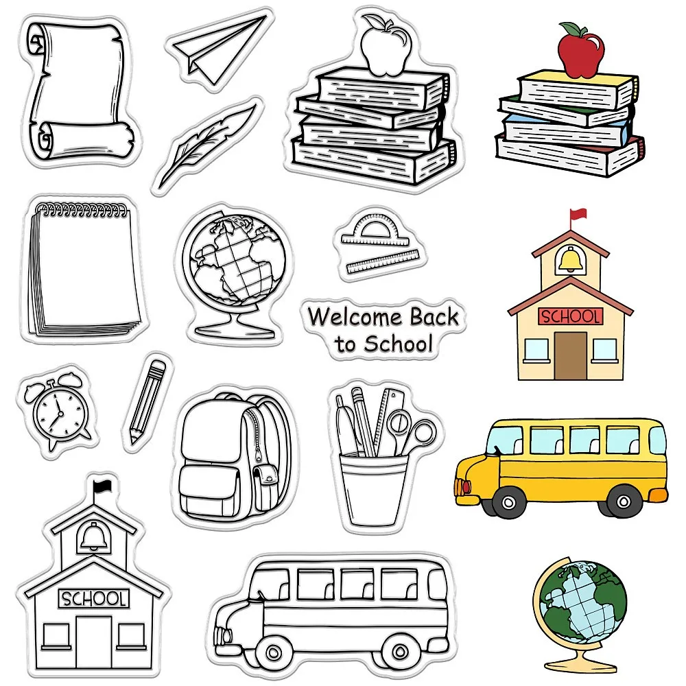 Back to School Themed Clear Rubber Stamps Paper Books Stationery Vintage Reusable Transparent Stamp Seals for DIY Scrapbooking