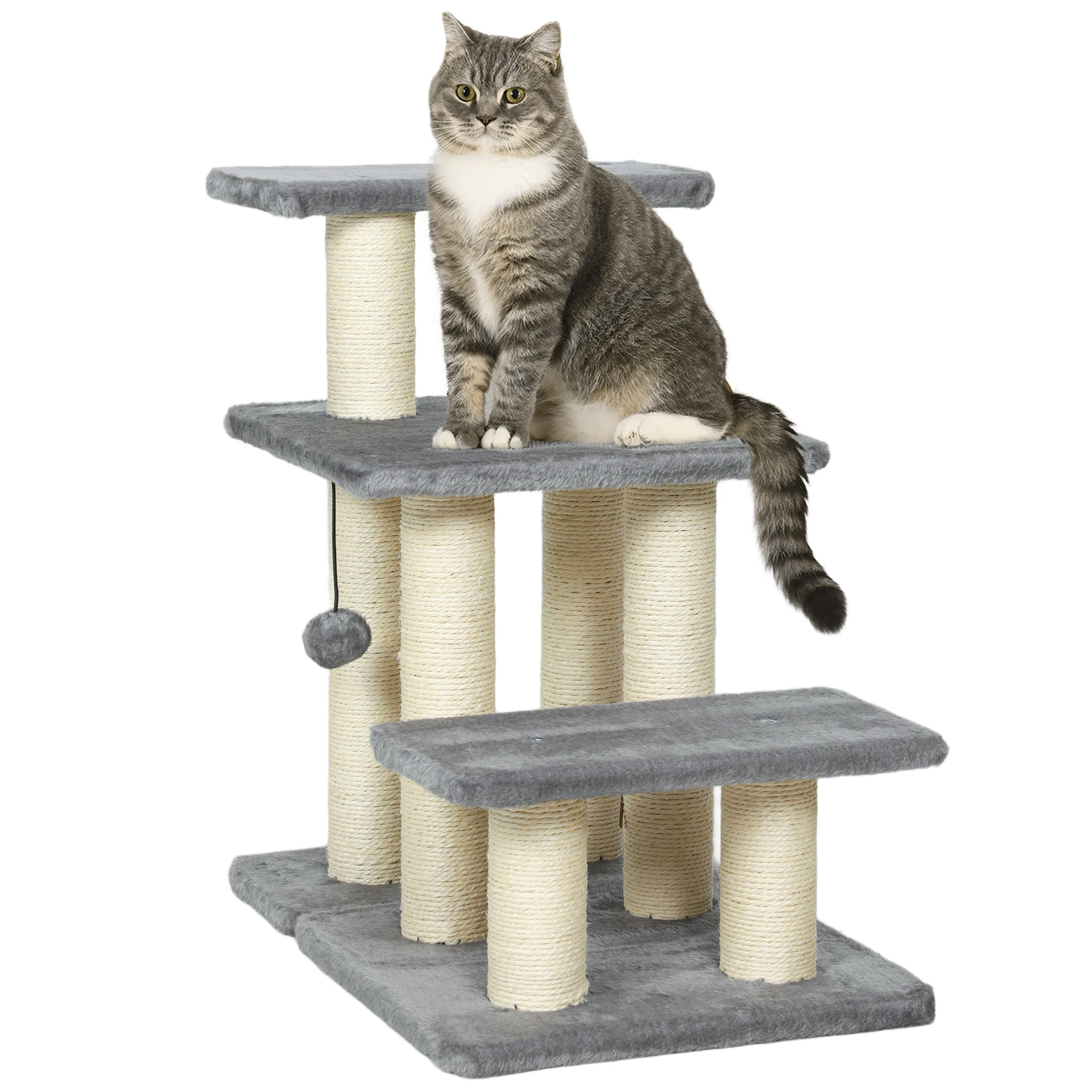 Scala per animali domestici PawHut a 3 gradini regolabili, scaletta per gatti e cani con sisal e palle con unghie, per un