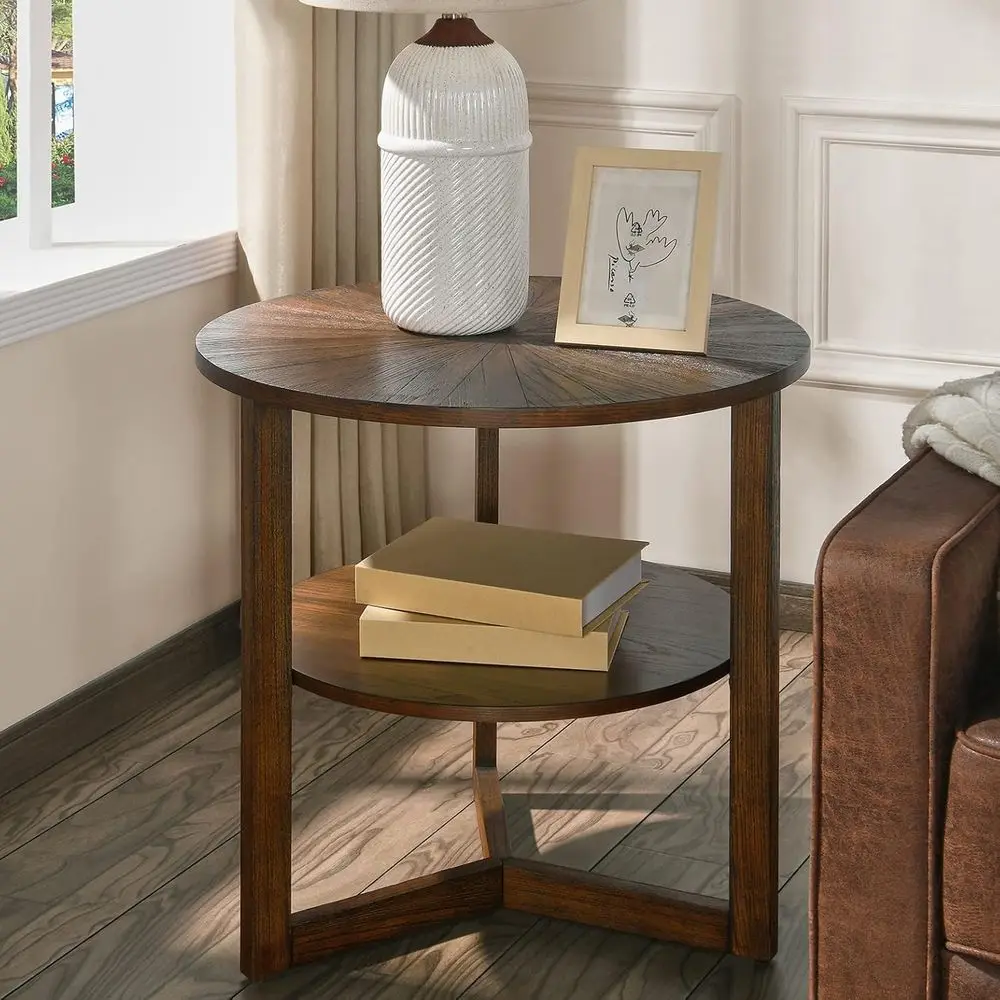 

Rustic 25.2 Diameter Round End Table with Storage Shelf and Umbrella Hole, Traditional Style for Living Room or Patio, Vintage B
