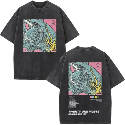 Imagen 2 del producto Camiseta lavada Vintage de la banda de Rock Twenty One Pilots para hombre y mujer, camisetas de gran tamaño de Hip Hop a la moda, camiseta informal de algodón, ropa de calle