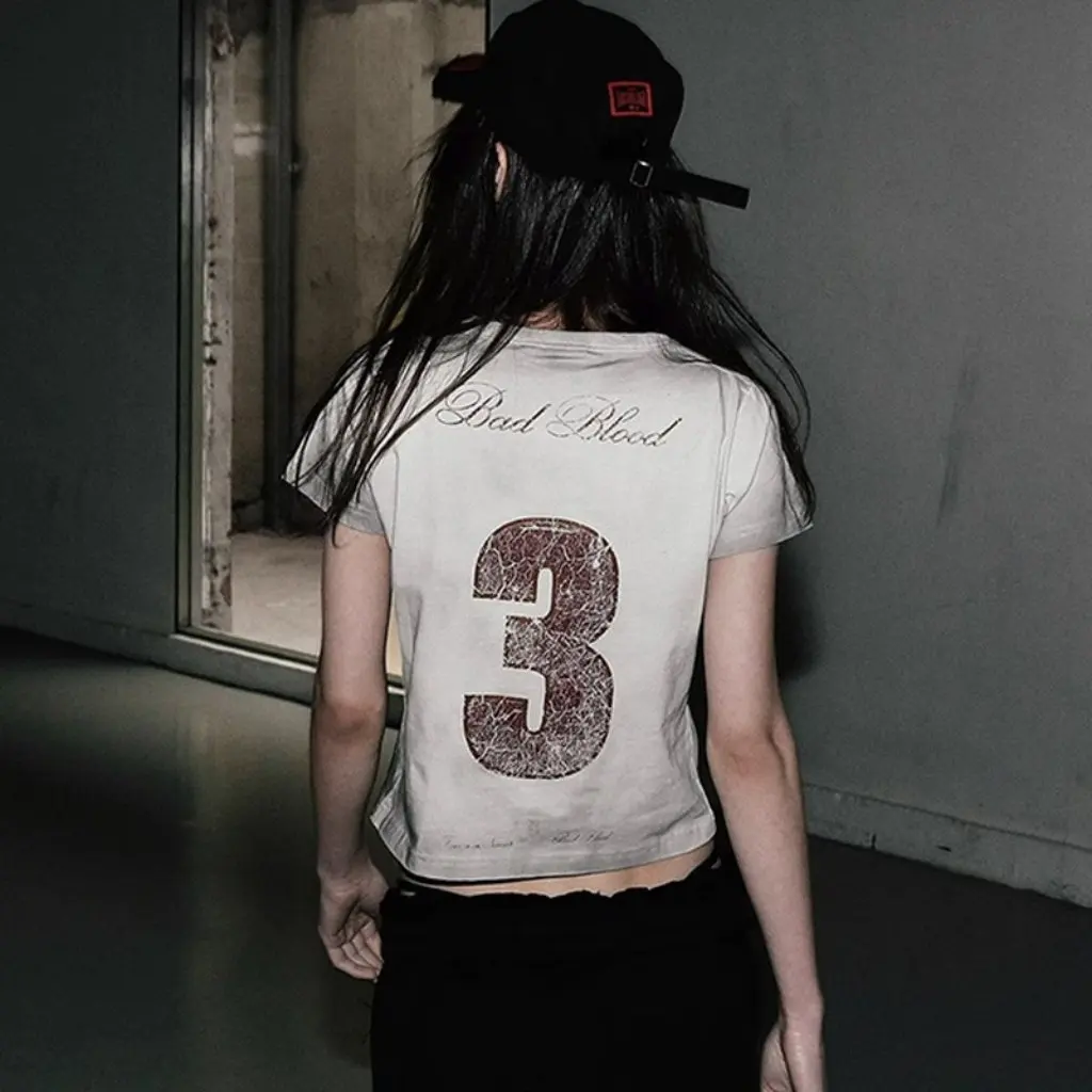 

Women's South Korea Badblood Bcac Series Washed Vintage Short-Sleeved T-Shirt Crewneck Trendy Top