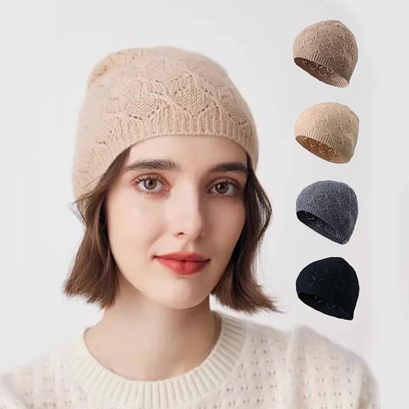 100% Cashmere Women Knitted Beanies Hat Autumn Winter Solid Color Warm Ear Protection Cap Half Hollow Versatile Pile Cap Female