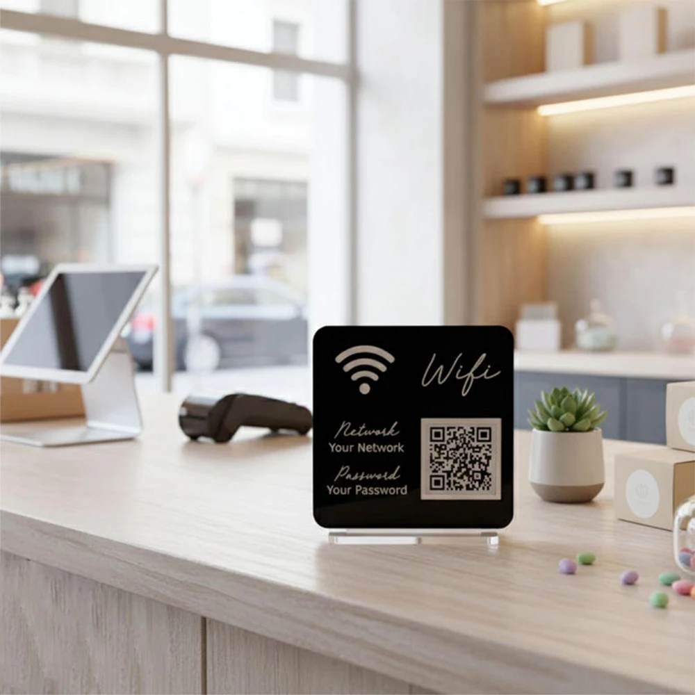 عرض عملي لسطح الطاولة من الأكريليك لرمز الاستجابة السريعة واي فاي للدفع المسح الضوئي، طراز حديث وبسيط، متين وضوح عالي لمتجر المتجر