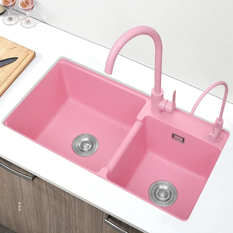 Roze Aanrecht Quartz Stenen Gootsteen Graniet Huishoudelijke Afwassen Dubbele Gootsteen 75*41 CM/78*43 CM/80*45 CM