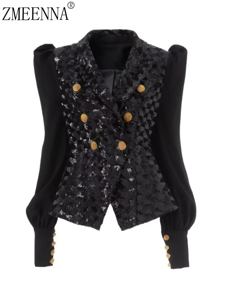 

ZMEENNA Womens Fashion Black Sequin Patchwork Blazer Cropped Jacket Long Sleeve Gold Button Party Cocktail Outerwear ZM4659