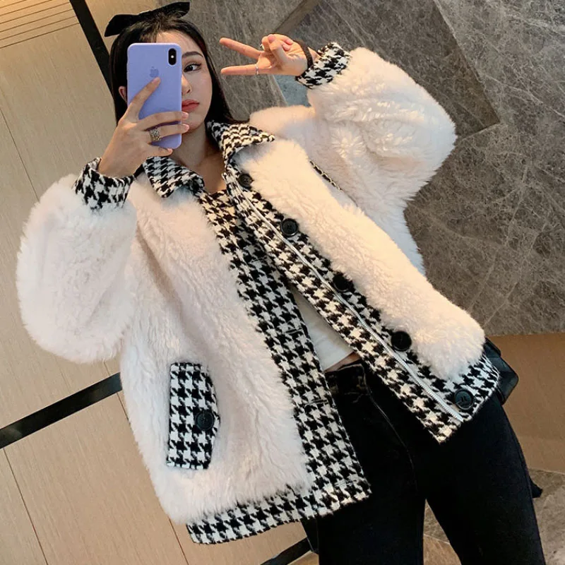 Winter New Lamb Wool Stitching Houndstooth Jacket Women's Overcoat Thicke With Cotton Warm Parker Coat Loose Korean Woolen Coats