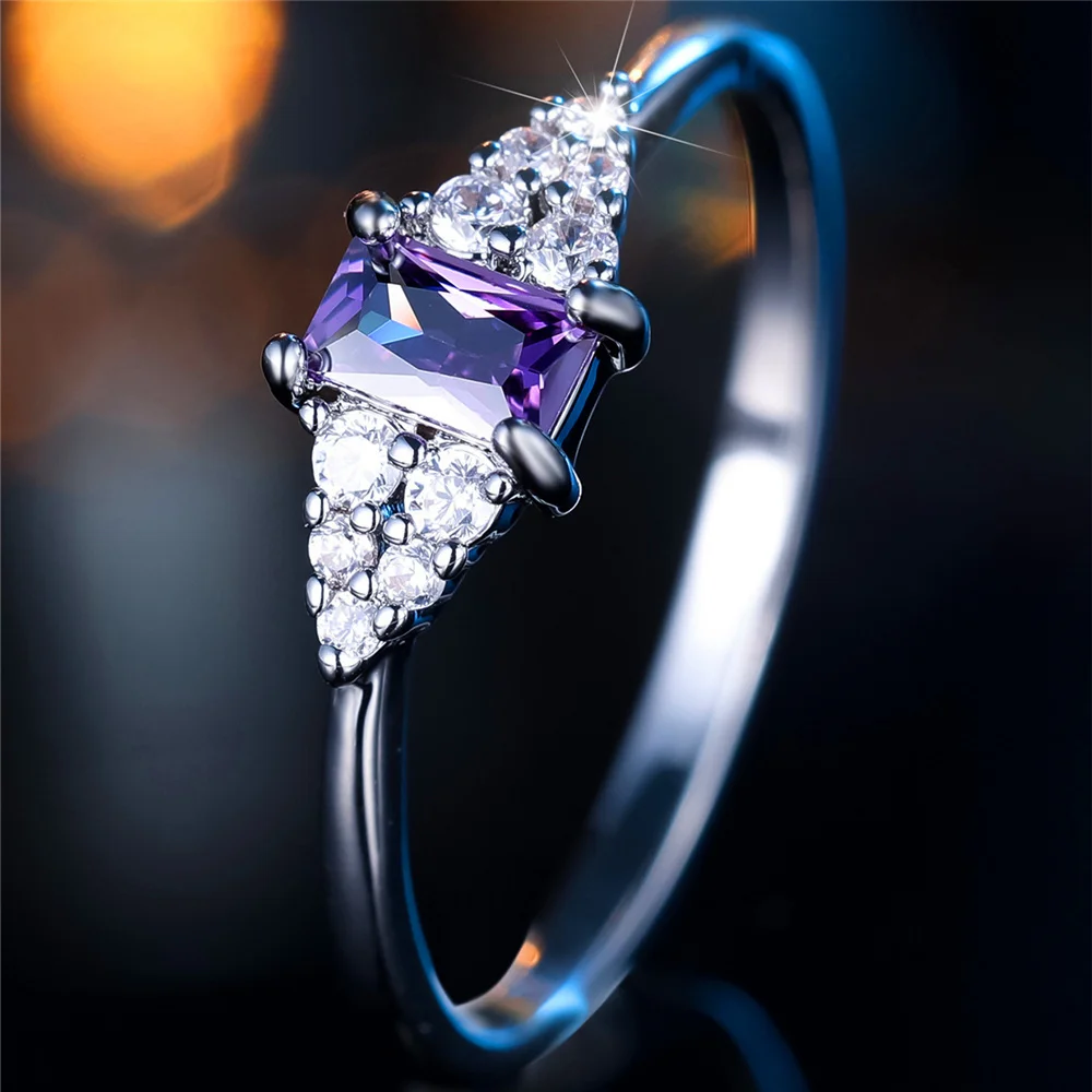 Luxury Female White Purple Square Zircon Stone Finger Engagement Ring Vintage Silver Color Wedding Band Bridal Jewelry For Women