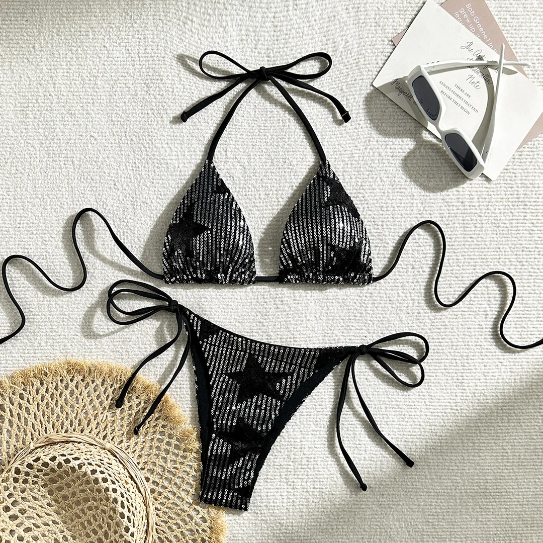 Neuer glänzender Bikini mit Pailletten, Neckholder und hohem Beinausschnitt, Damen-Badeanzug, zweiteiliges Bikini-Set, Badebekleidung, Badeanzug, Schwimmanzug V5825 – Detail 17