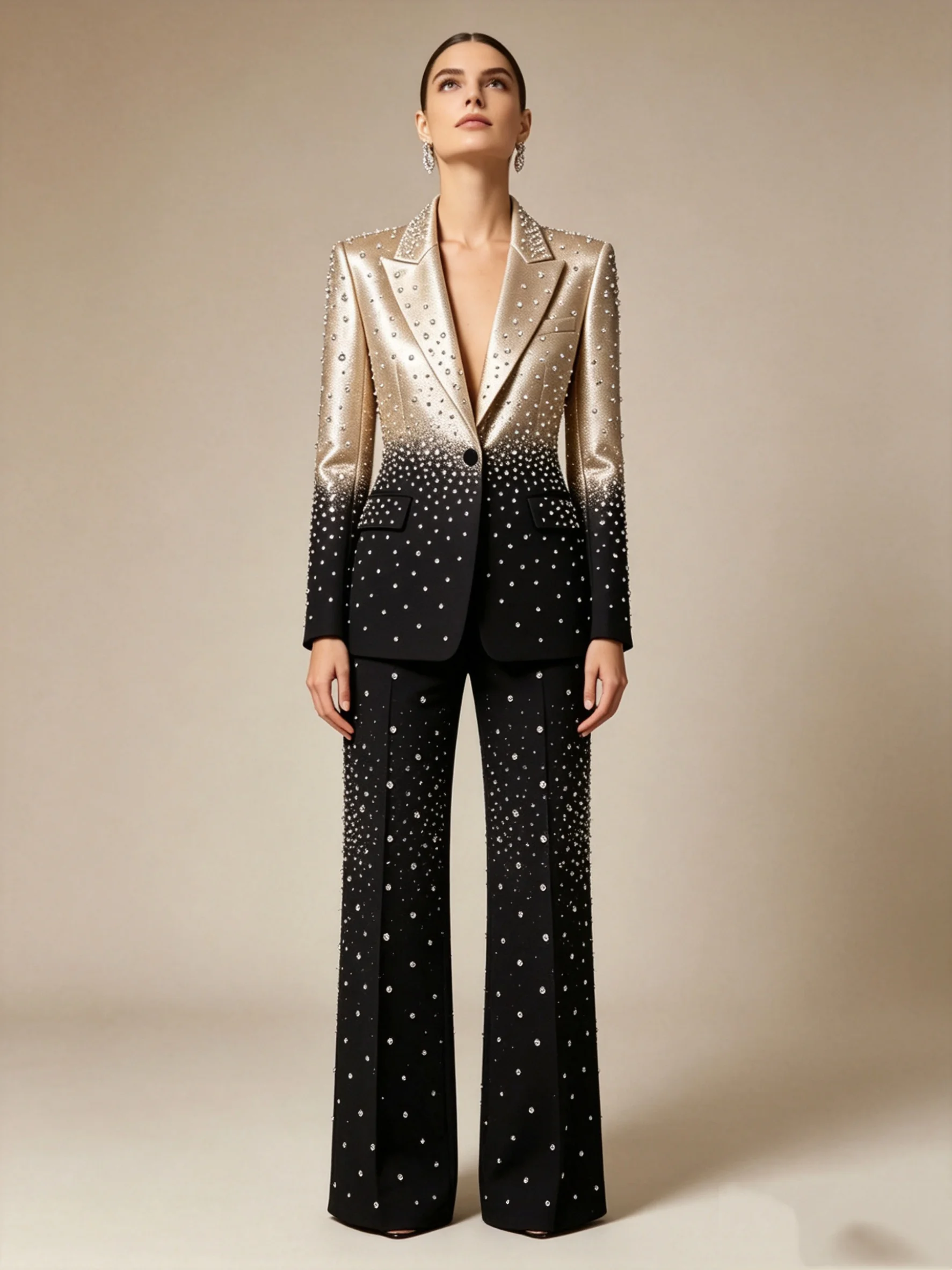 Glitter Crystal Women Suit Set 2 Pcs Gradient Color Blazer Pants Formal Office Jacket Customized Wedding Tuxedo Guest Coat