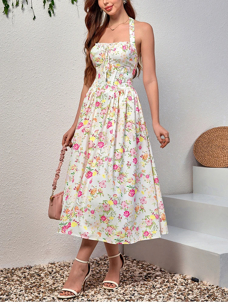 NewAsia Damen Neckholder, rückenfrei, bedruckt, Blumenmuster, Midi-Korsettkleid, Spaghettiträger, zum Binden, modisch, lässig, Urlaub, lange Kleider, Rosa – Detail 18