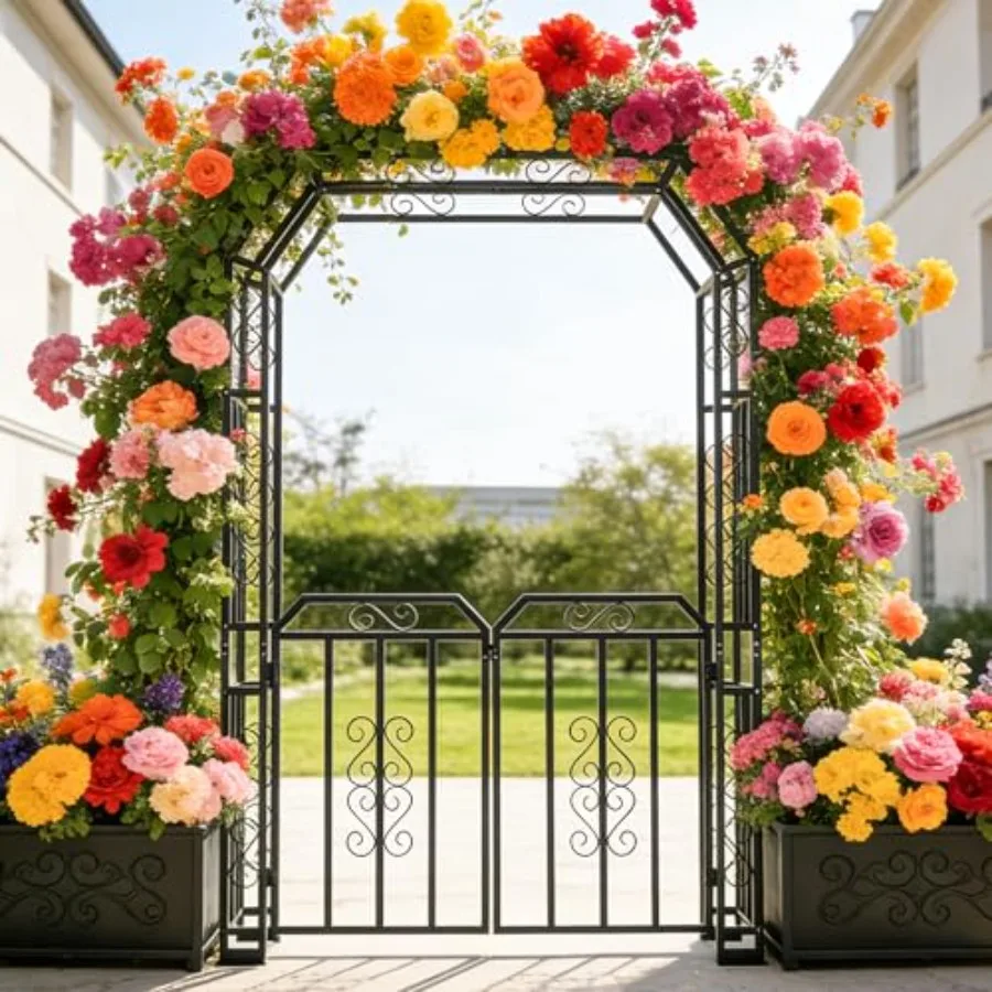 Garden Arch Trellis for outdoor climbing plants, heavy-duty metal, black, double lockable doors and sturdy decorative arbor for