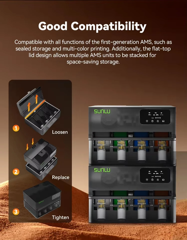 سخان AMS الرسمي من SUNLU، من 20 دقيقة إلى 70 ° C، جاف وطباعة في وقت واحد. مجاري مزدوجة، حرارة موحدة. توافق AMS بالكامل، والرطوبة الذكية