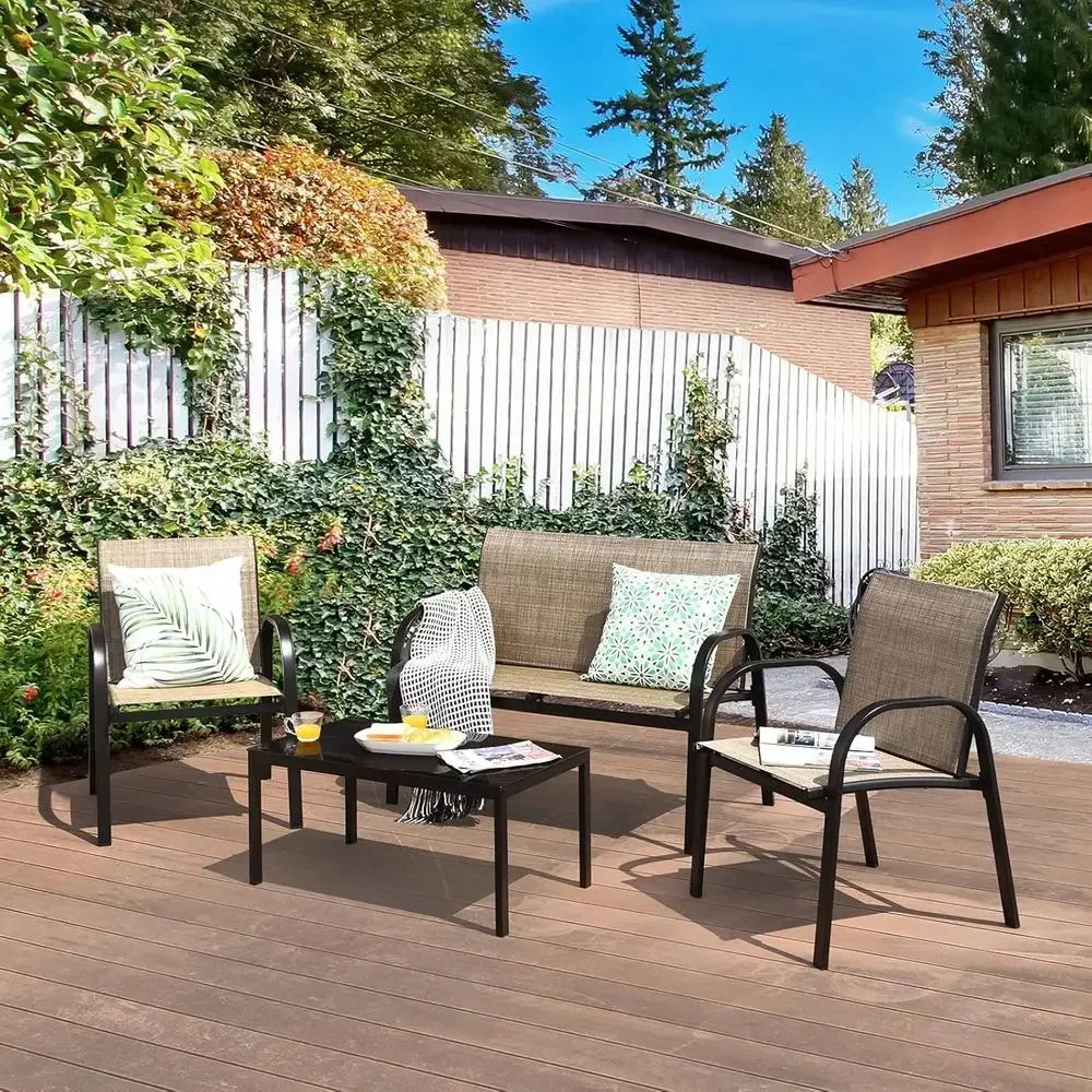 4-Piece Metal Patio Furniture Set, Heavy Duty Outdoor Garden Set with Glass Top Coffee Table, 2 Armchairs, and Loveseat in Brown