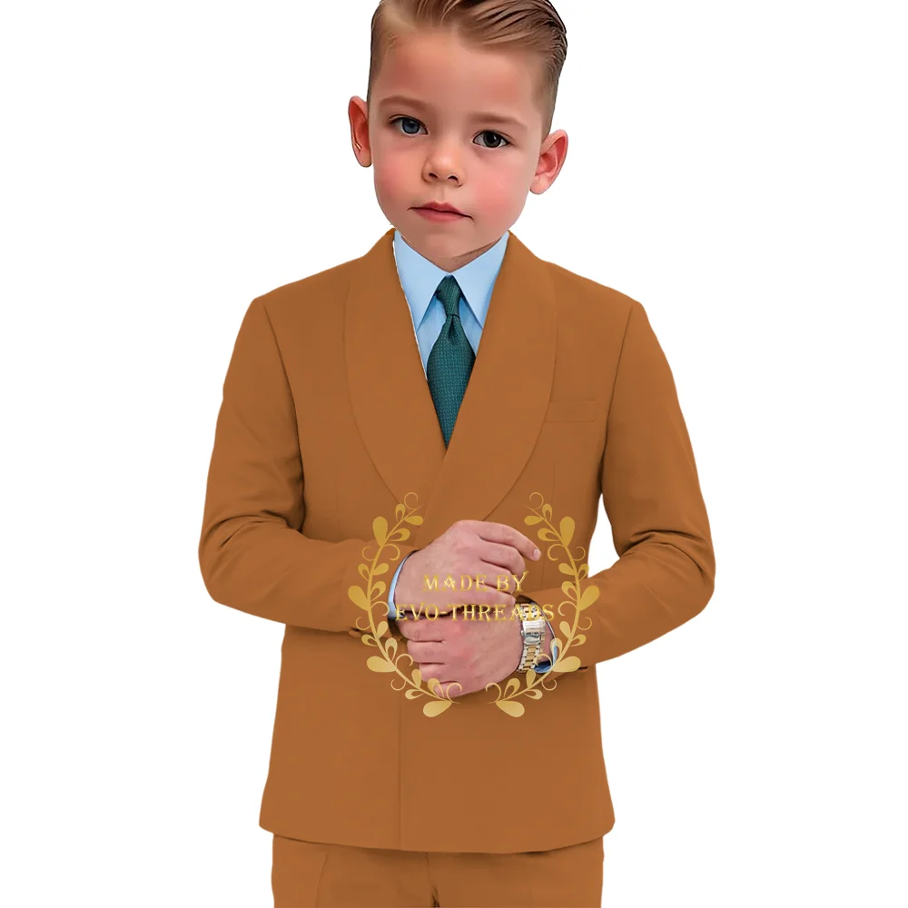 

Classy brown boy's suit 2pcs set shawl lapel double-breasted jacket pants tailored kids clothing for wedding pageboy ball tuxedo