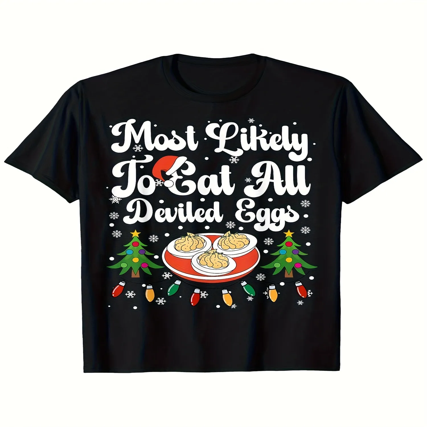 Funny Christmas T-Shirt - Most Likely to Eat All the Deviled Eggs Party Shirt with Red Bowl Graphic - Black Holiday Tee for Men Women (S-XXXL) - Funny -Themed Gift Suitable for Christmas, New Ye Unisex T Shirt Gift For Her