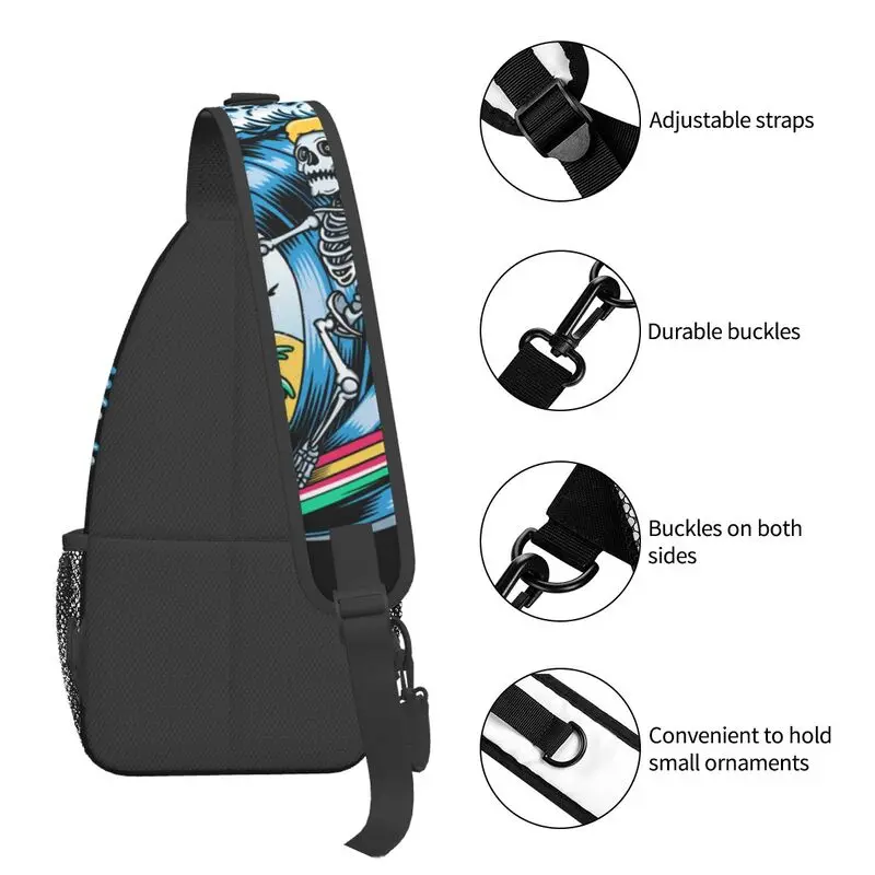 Bolsa de peito crossbody masculina, mochila casual de ombro, surfista, caveira, surf, caminhada, verão