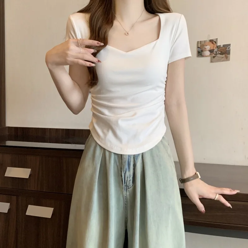 New Summer Y2K T Shirt Women Square Collar Front Shoulder Short Sleeves Waist-Hugging Slim Student Pleated Crop Top Woman Tees