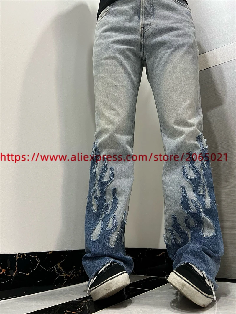 Patchwork Flame Tassels Jeans Men Women 1:1 Best Quality Loose Casual Washed Denim Pants