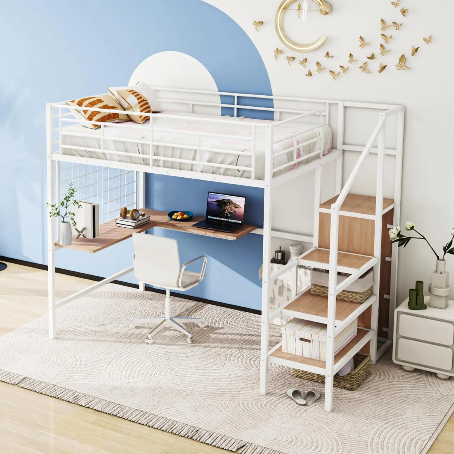 

Harper & Bright Designs Full Size Metal Loft Bed with Desk,Stairs and Wardrobe, Heavy-Duty Steel Frame Loft Bed with Metal Grid