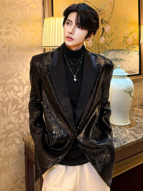 

Мужской пиджак с пайетками, свободный крой, модный корейский стиль, пальто для ведущих, с длинным рукавом, плоский воротник, весна-лето 2025