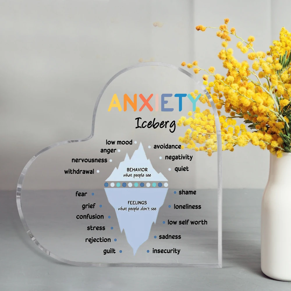 1PC Anxiety Iceberg Decorative Sign, Heart Shaped Acrylic Gifts For Mental Health Treatment, Printed Decorations For Counseling