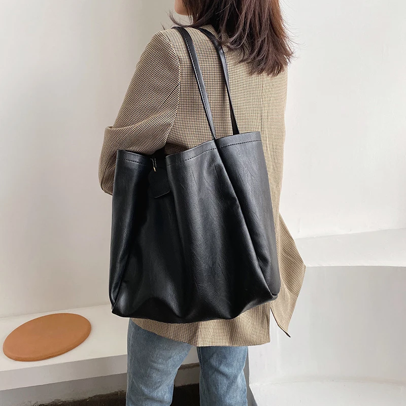 New Soft Shoulder Bag Women Big Tote Designer Shopper Large Capacity Handbag Pocket High Quality PU Leather Retro Bolsa De Ombro