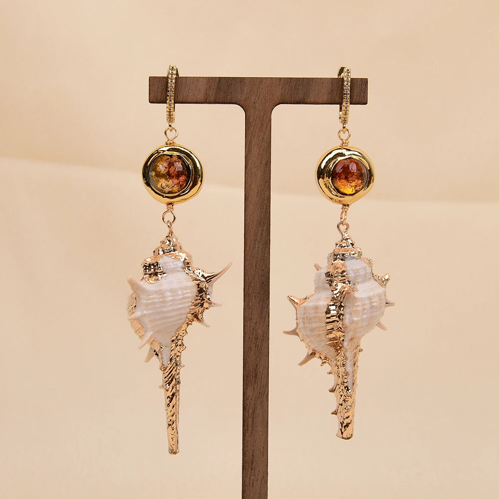 G-G Natural Brown Murano Glass Gold Edge Plated Sea Snail Shell Drop Dangle Earrings Handmade For Lady