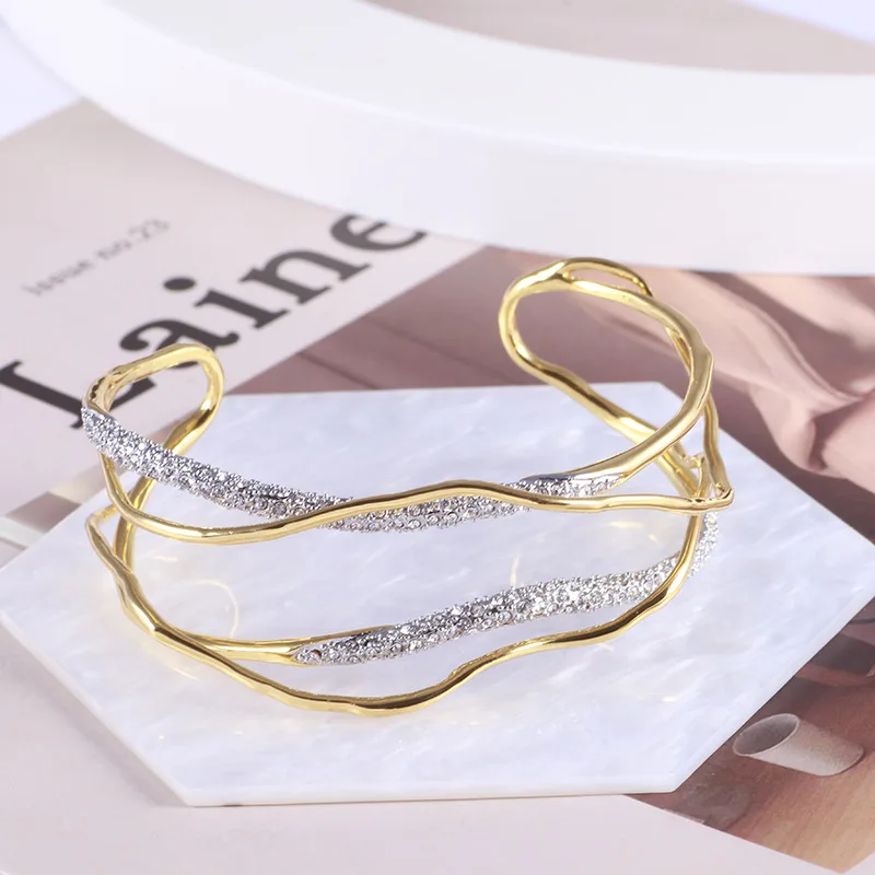 Fashion Irregular Metal Lines Wound Splicing Clear Rhinestone Paved Light Luxury Open Bangle Exquisite Design Bracelet for Women