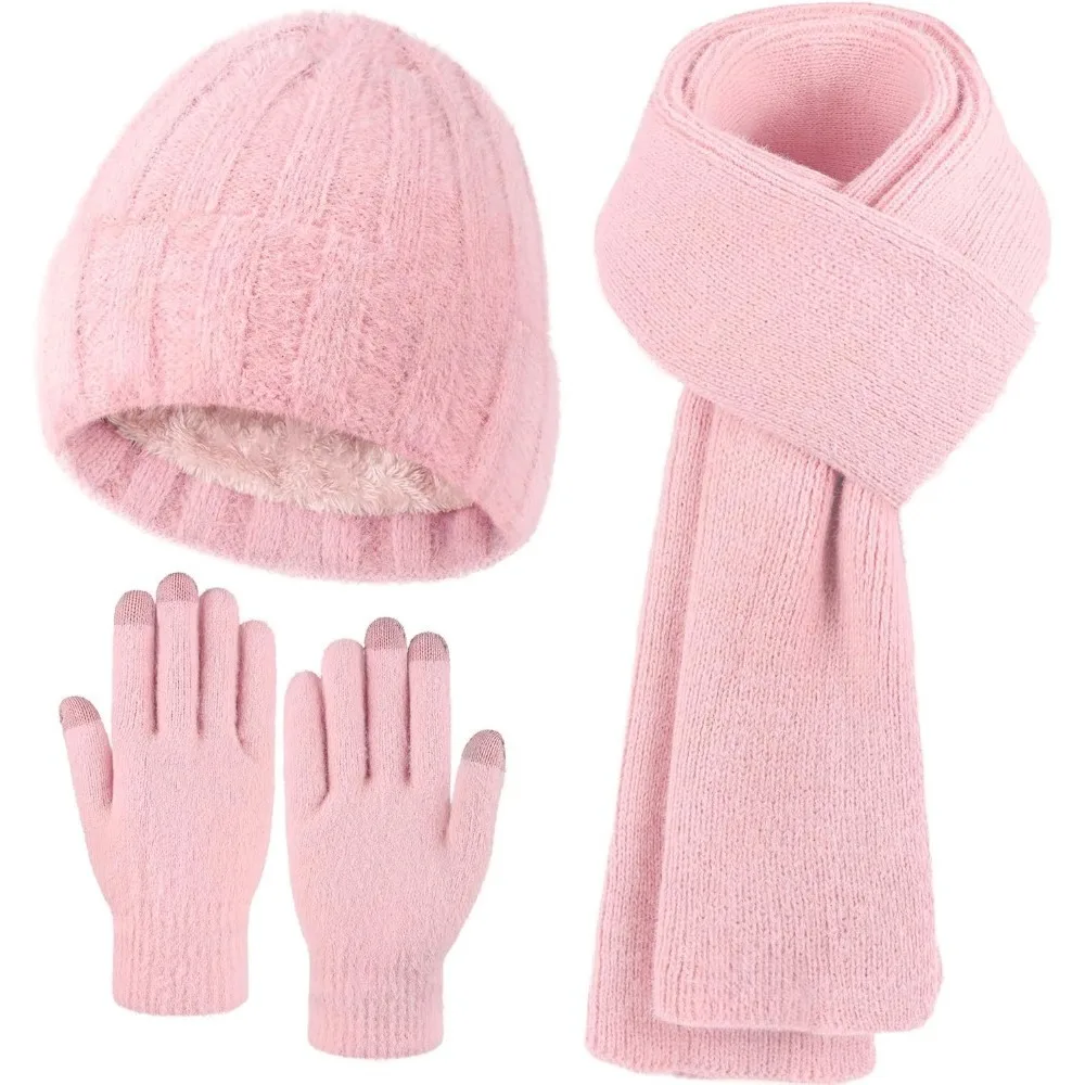الشتاء قبعة قبعة وشاح قفازات، الدافئة الصوف متماسكة قبعة وشاح طويل الرقبة أدفأ شاشة تعمل باللمس قفازات الشتاء مجموعة هدايا للنساء