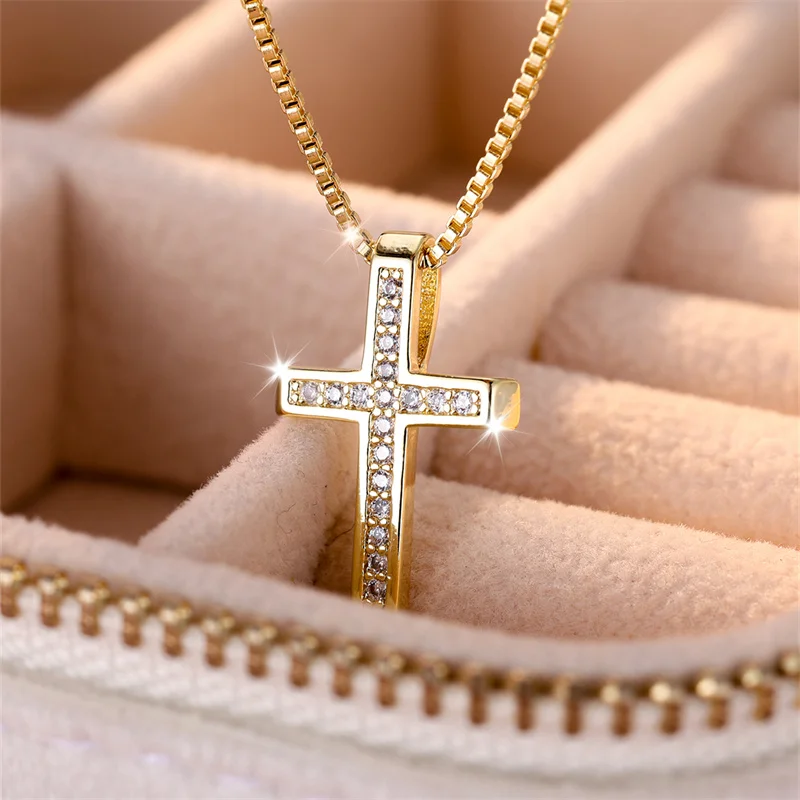 Female Male Big Cross Pendant Clavicle Necklaces For Women Men Antique Gold Color White Zircon Choker Christmas Day Jewelry Gift