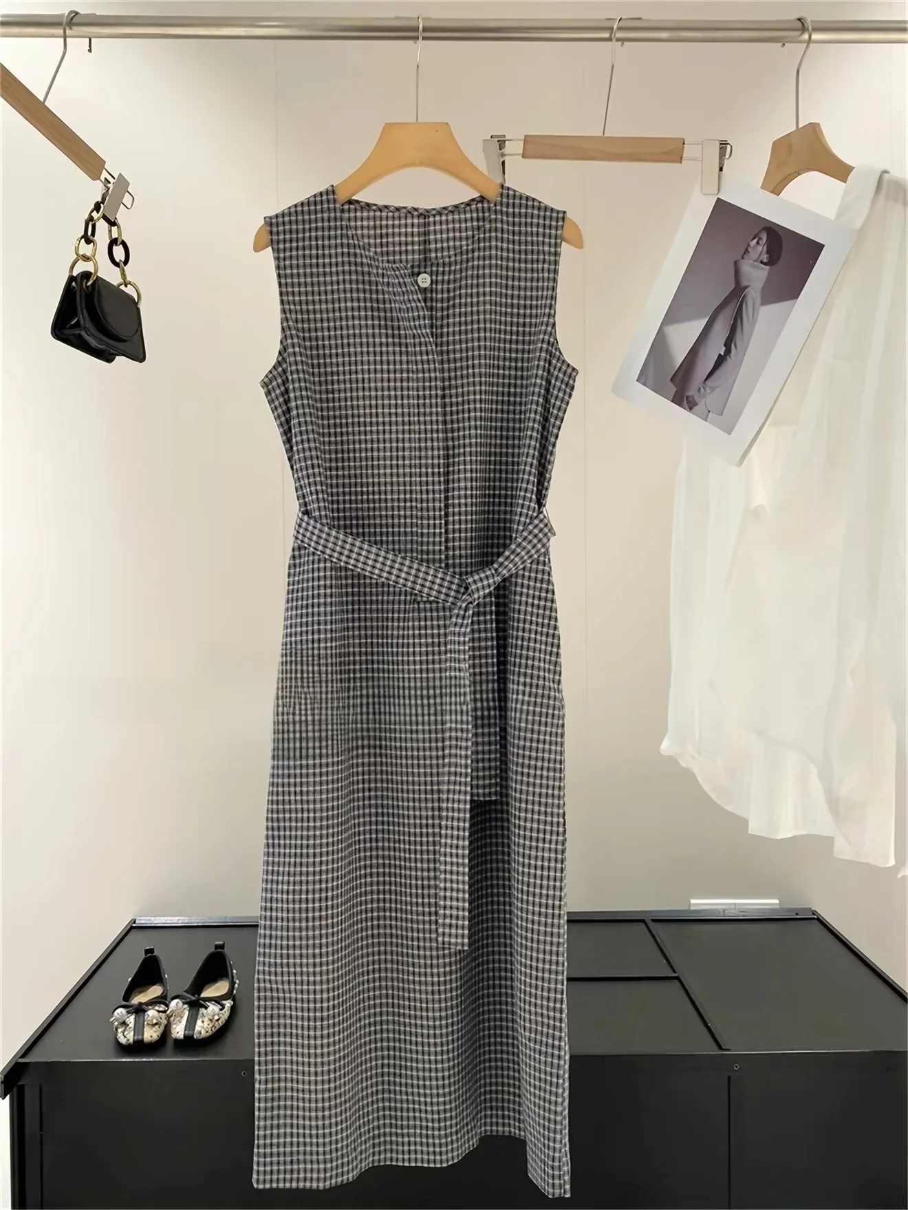  Lightweight Linen Women's Dress with Belt Slimming Blue Plaid Design Vintage Style A-Line Skirt High Waist Summer