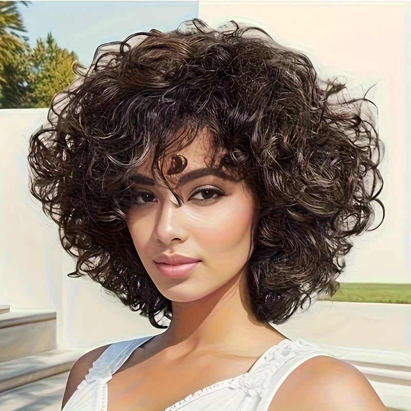 Fluffy short woolen curly synthetic wig with side-swept bangs, texturized ramen curls bob full headpiece, natural easy  maintain