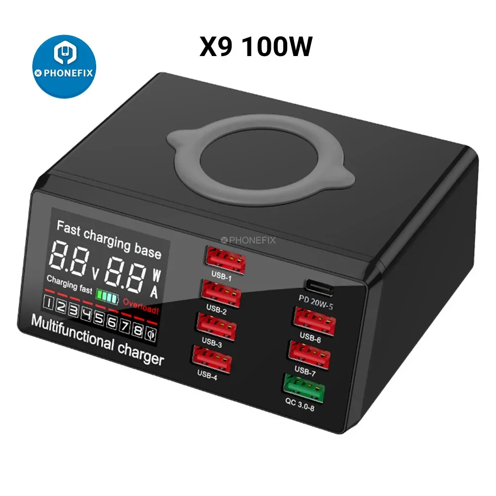 100W 8 Ports USB Charger Wireless Charging Digital Display Screen QC3.0 PD3.0 Quick Charge USB X9d X9D MECHANIC Charge Station