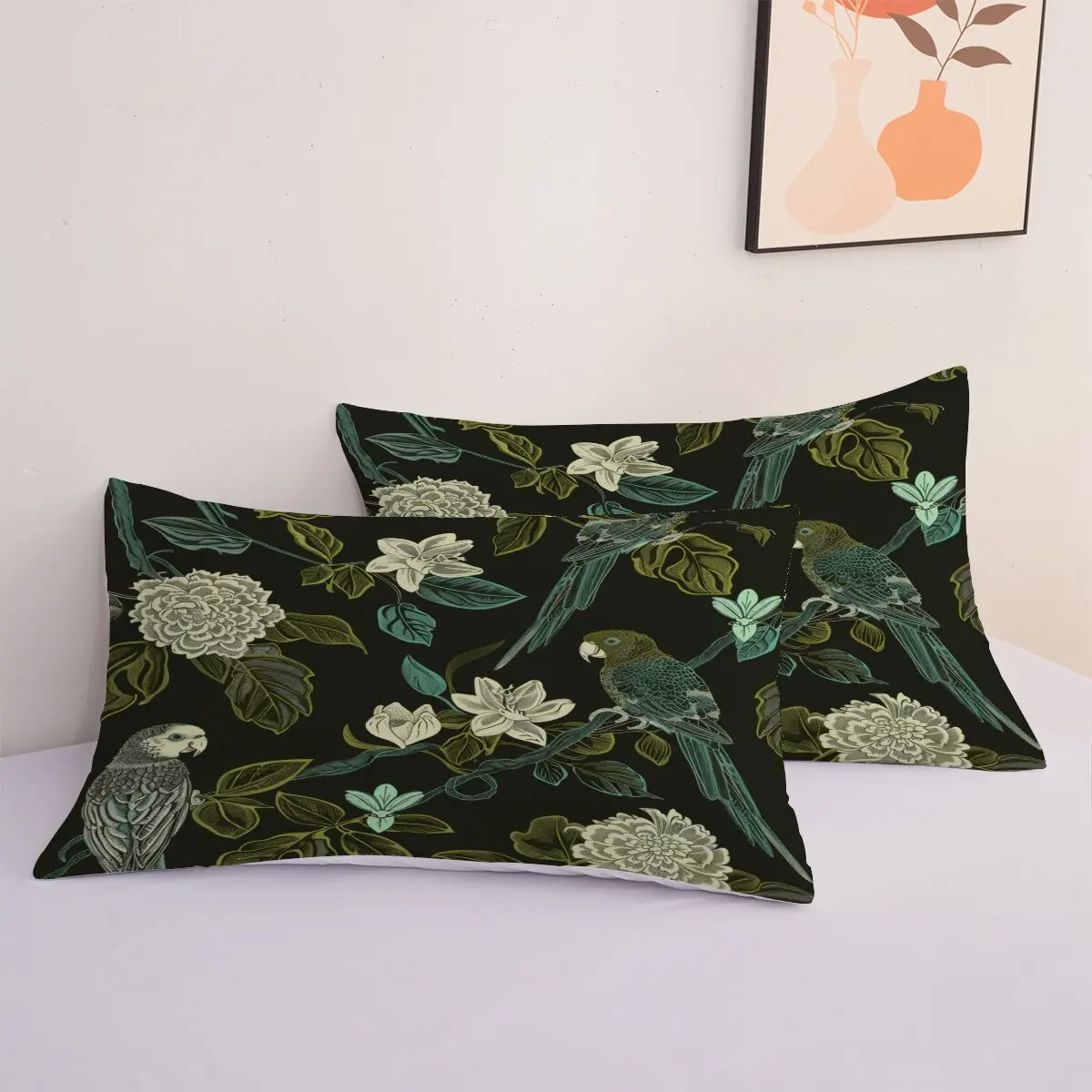 Green parrot  Down duvet cover large size  White flower  Printed duvet cover 3-piece set with 2 pillowcases