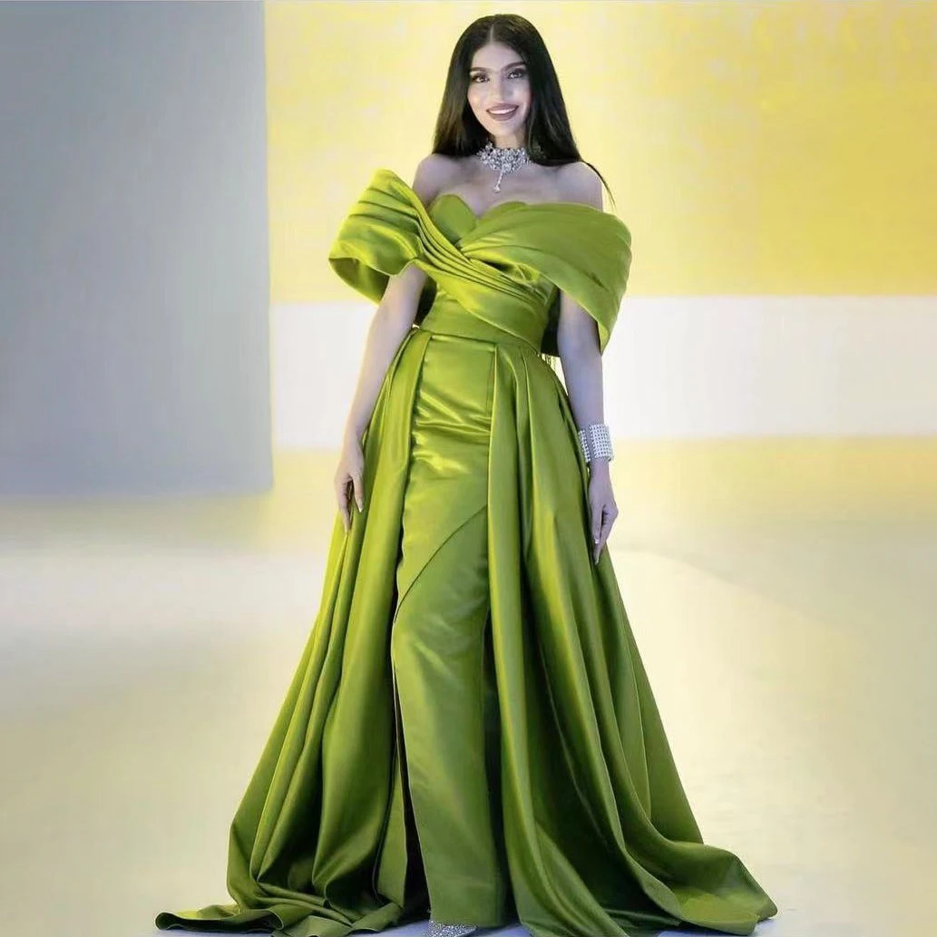 Elegance Arabic Evening Formal Party Dresses Off Shoulder abendkleider Maxi Dress Woman Sweetheart Neck Green Satin Prom Gowns