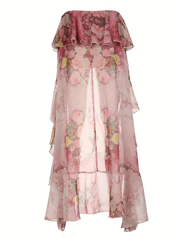 

Pink toned printed irregular layered long skirt - high waisted and elegant, showing height and thinness, spring and summer