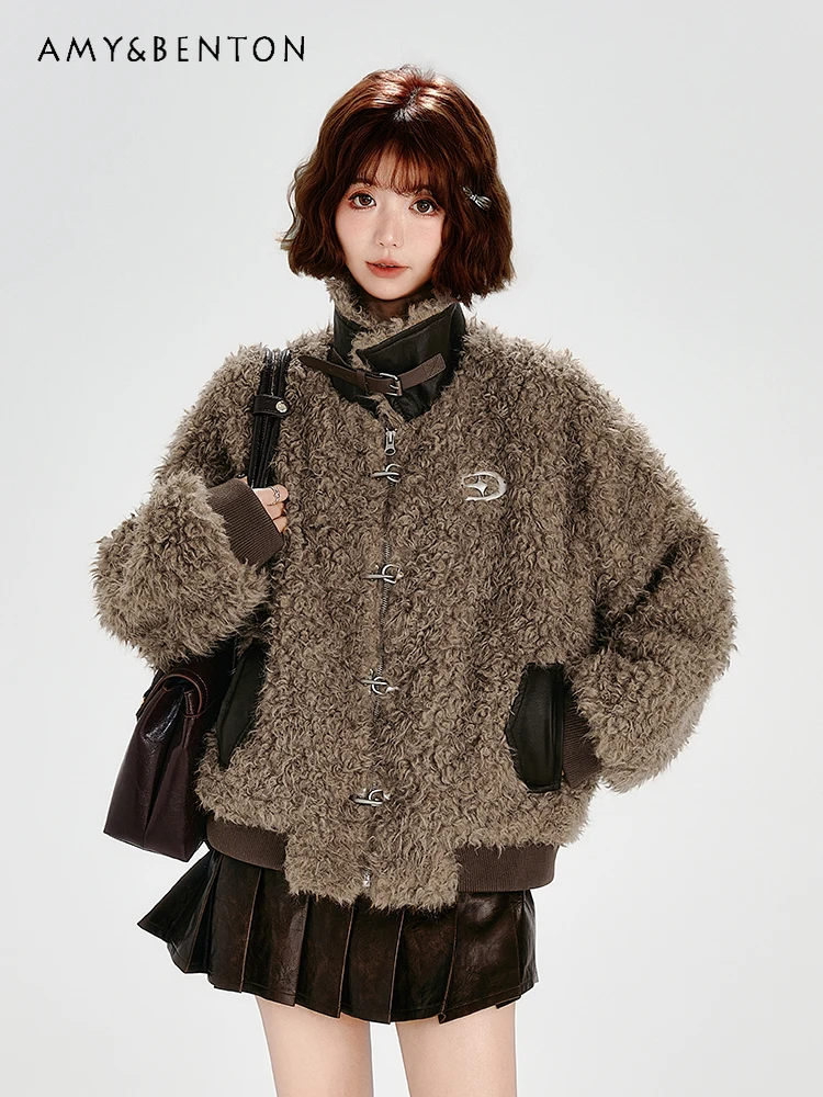 

2025 Autumn Winter New American Retro Style Women's Plush Patchwork Stand Collar Single-Breasted Slim Casual Jacket
