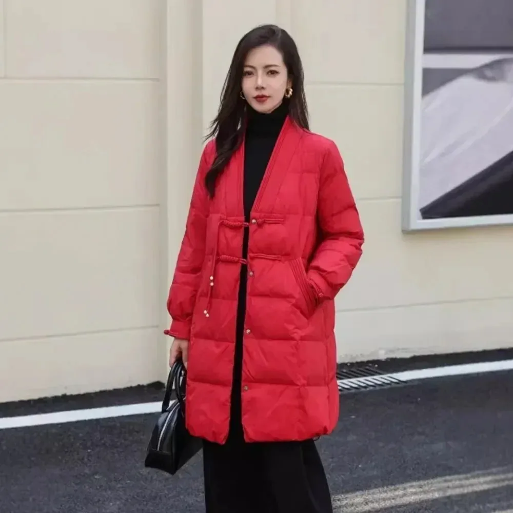 Leichter 90 % weißer Entendaunenmantel für Damen, 2025, neuer Herbst, lässig, V-Ausschnitt, warme Pufferjacke, Hemd, Frühlingsmode, Daunenjacke