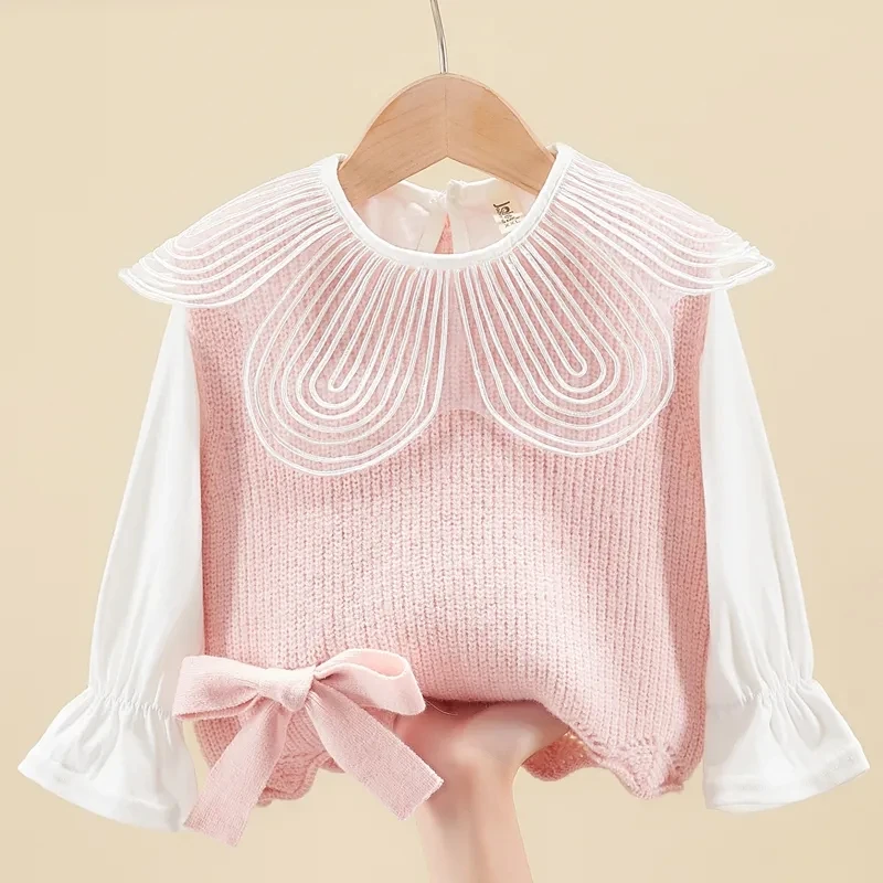 Spring Autumn Baby Pullover Waistcoat Jacket Girls Sleeveless Garment All-match Bow-embellished Children's Knitting Vest