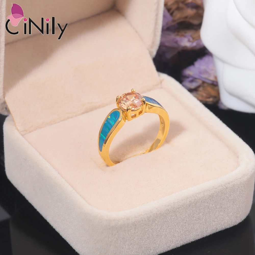 CiNily Yellow Gold Plated Blue Fire Opal Stone Rings with Orange  Zircon Ring for Woman Wedding Party Fashion Jewelry